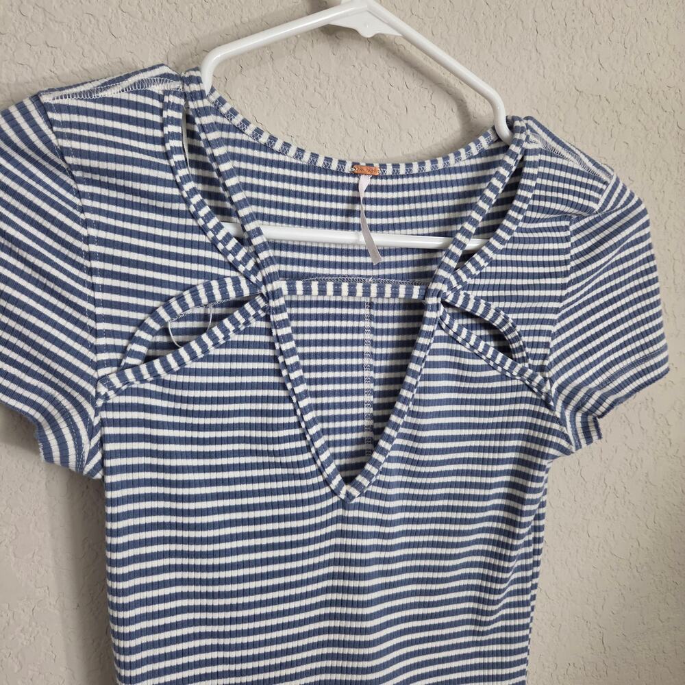 Free People Striped Ribbed Knit Top Womens Small Cut outs Short Sleeve Tee - Picture 5 of 9